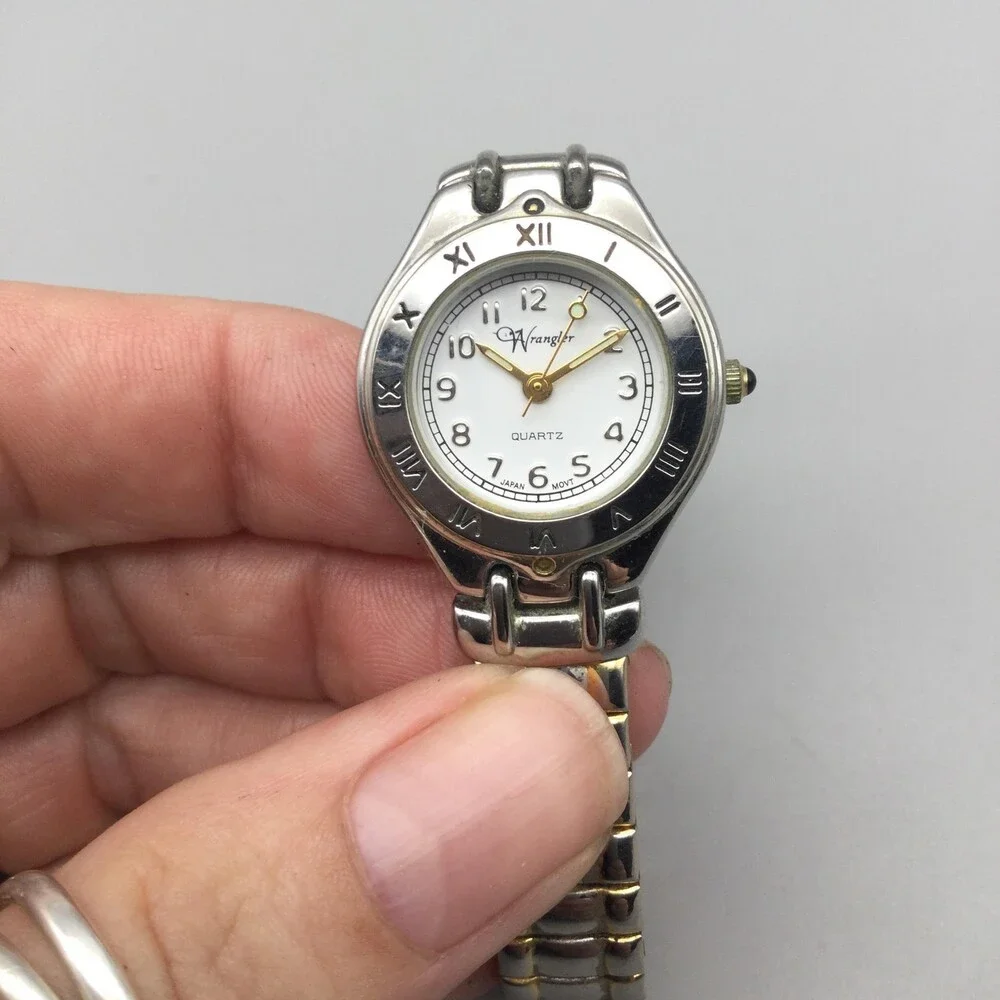 Wrangler Womens Watch 25mm White Dial Two Tone Stretch Band 1285 New Battery
